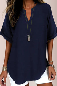 Willluxe® Women's Casual Notch V-Neck Rolled Sleeve Top