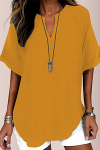 Willluxe® Women's Casual Notch V-Neck Rolled Sleeve Top