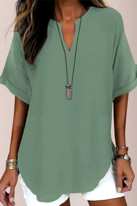 Willluxe® Women's Casual Notch V-Neck Rolled Sleeve Top