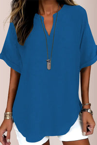 Willluxe® Women's Casual Notch V-Neck Rolled Sleeve Top