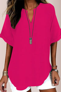 Willluxe® Women's Casual Notch V-Neck Rolled Sleeve Top
