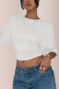 Willluxe® Women's Ruched Waist Crop Top Casual Short Sleeve Tee
