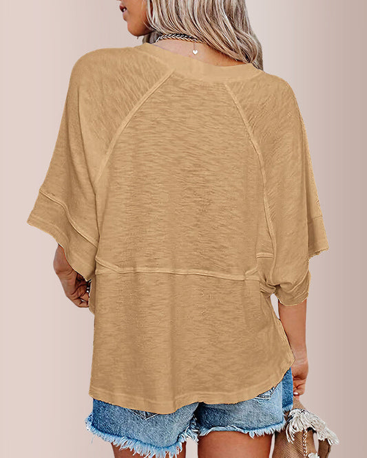 WILLLUXE® Loose Crew Neck Half Flare Sleeve Spliced T-Shirt