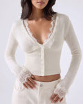 Willluxe® Lace Trim Deep V-Neck Button-Up Knit Sweater