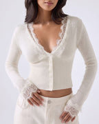 Willluxe® Lace Trim Deep V-Neck Button-Up Knit Sweater