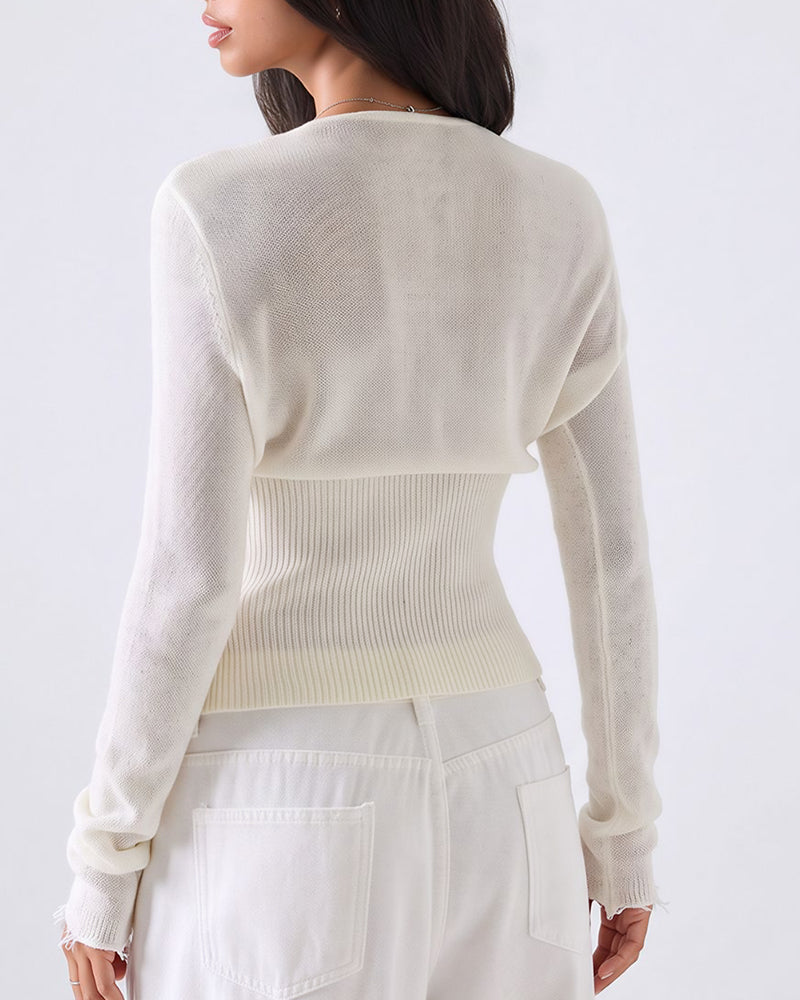 Willluxe® Lace Trim Deep V-Neck Button-Up Knit Sweater