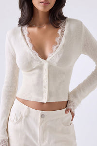 Willluxe® Lace Trim Deep V-Neck Button-Up Knit Sweater