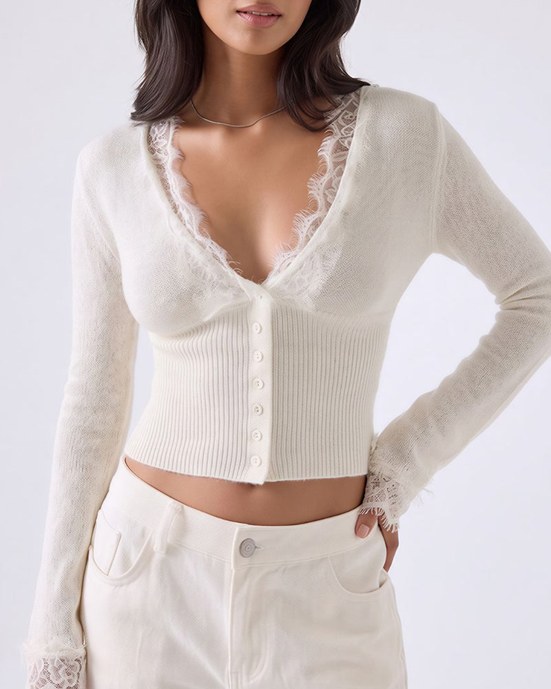 Willluxe® Lace Trim Deep V-Neck Button-Up Knit Sweater