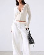 Willluxe® Lace Trim Deep V-Neck Button-Up Knit Sweater