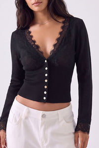 Willluxe® Lace Trim Deep V-Neck Button-Up Knit Sweater