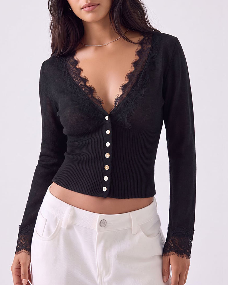 Willluxe® Lace Trim Deep V-Neck Button-Up Knit Sweater