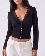 Willluxe® Lace Trim Deep V-Neck Button-Up Knit Sweater