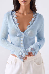 Willluxe® Lace Trim Deep V-Neck Button-Up Knit Sweater