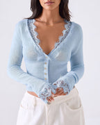 Willluxe® Lace Trim Deep V-Neck Button-Up Knit Sweater