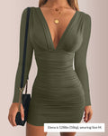 V-Neck Long Sleeve Ruched Bodycon Dress