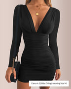 V-Neck Long Sleeve Ruched Bodycon Dress