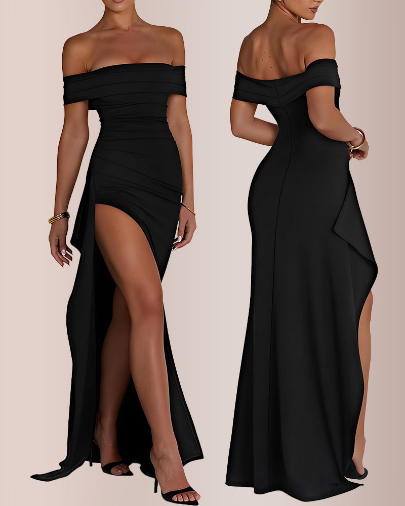 Off Shoulder High Split Bodycon Maxi Dress