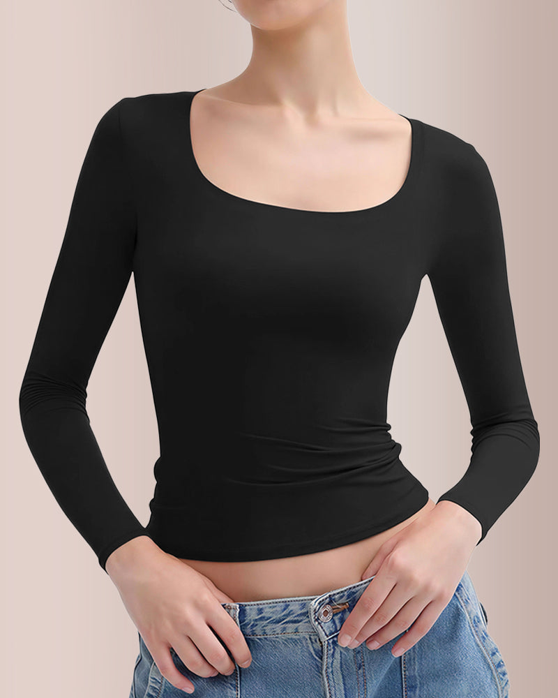 Willluxe® Women’s Scoop Neck Double-Layer Long Sleeve Slim Top