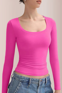Willluxe® Women’s Scoop Neck Double-Layer Long Sleeve Slim Top