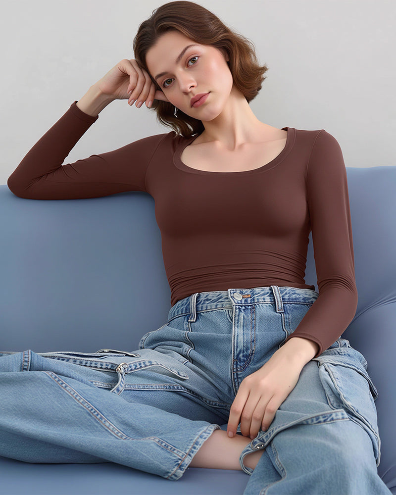 Willluxe® Women’s Scoop Neck Double-Layer Long Sleeve Slim Top