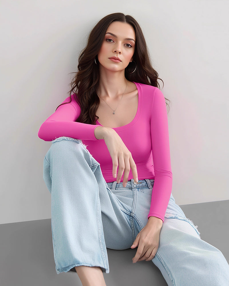 Willluxe® Women’s Scoop Neck Double-Layer Long Sleeve Slim Top