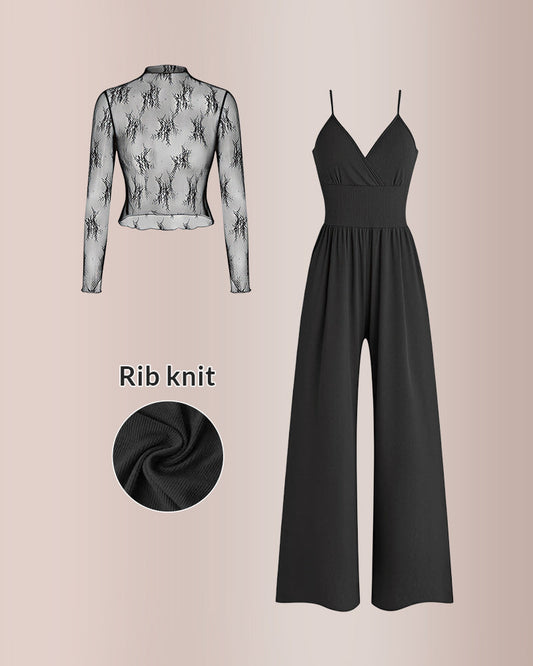 WILLLUXE® Women’s Lace Tee & Cami Jumpsuit Two-Piece Set