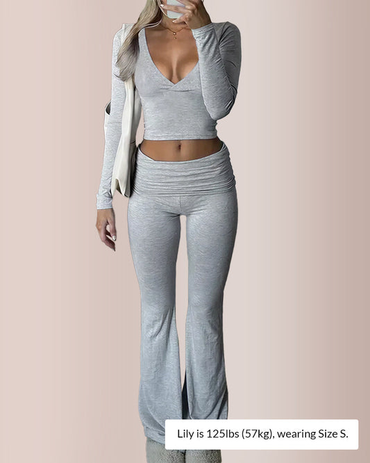 WILLLUXE®  Slim-Fit V-Neck Crop Top & Pants Set
