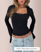 Willluxe®Y2K Lace Trim Square Neck Fitted Top