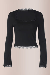 Willluxe®Y2K Lace Trim Square Neck Fitted Top