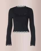 Willluxe®Y2K Lace Trim Square Neck Fitted Top