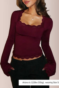Willluxe®Y2K Lace Trim Square Neck Fitted Top