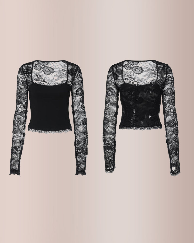 Willluxe®Sheer Lace Floral Long Sleeve Top