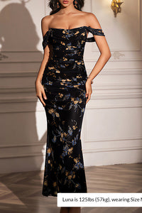 Willluxe® Floral Mesh Off-Shoulder Ruched Bodycon Maxi Dress