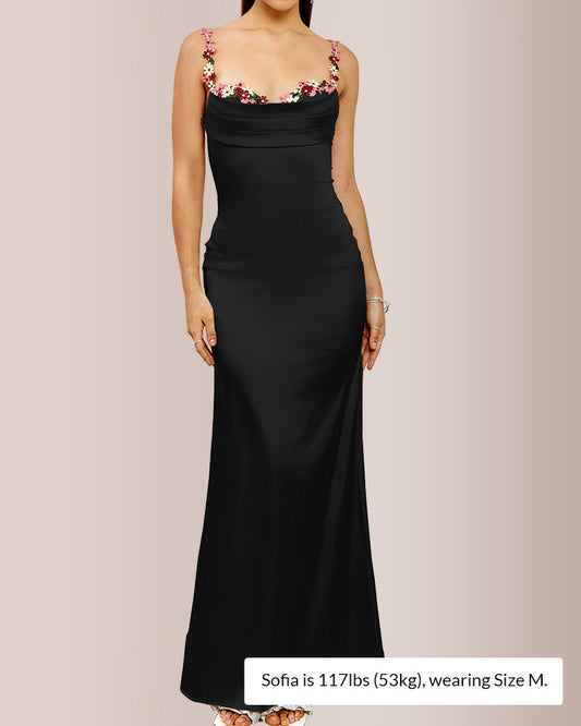 WILLLUXE® Floral Embroidered Strap Cowl Neck Satin Maxi Dress