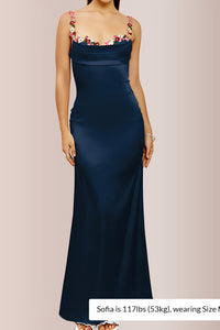 Willluxe® Floral Embroidered Strap Cowl Neck Satin Maxi Dress