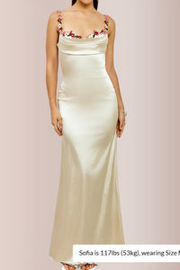 Willluxe® Floral Embroidered Strap Cowl Neck Satin Maxi Dress