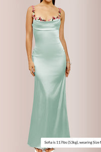 Willluxe® Floral Embroidered Strap Cowl Neck Satin Maxi Dress