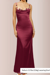 Willluxe® Floral Embroidered Strap Cowl Neck Satin Maxi Dress