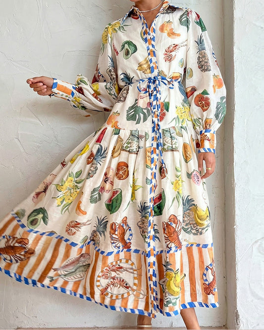 WILLLUXE® Coastal Print Lantern Sleeve Maxi Shirt Dress