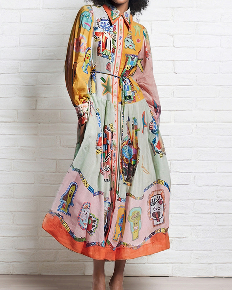 Willluxe® Coastal Print Lantern Sleeve Maxi Shirt Dress