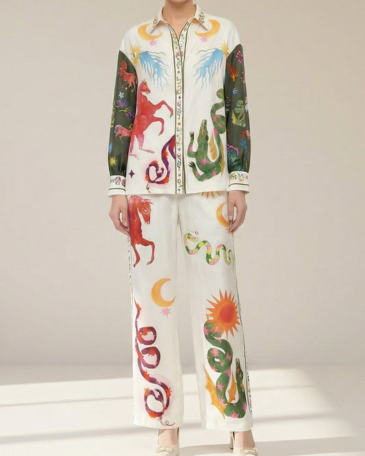 WILLLUXE® Artistic Graffiti Oversized Shirt & Wide-Leg Pant Set