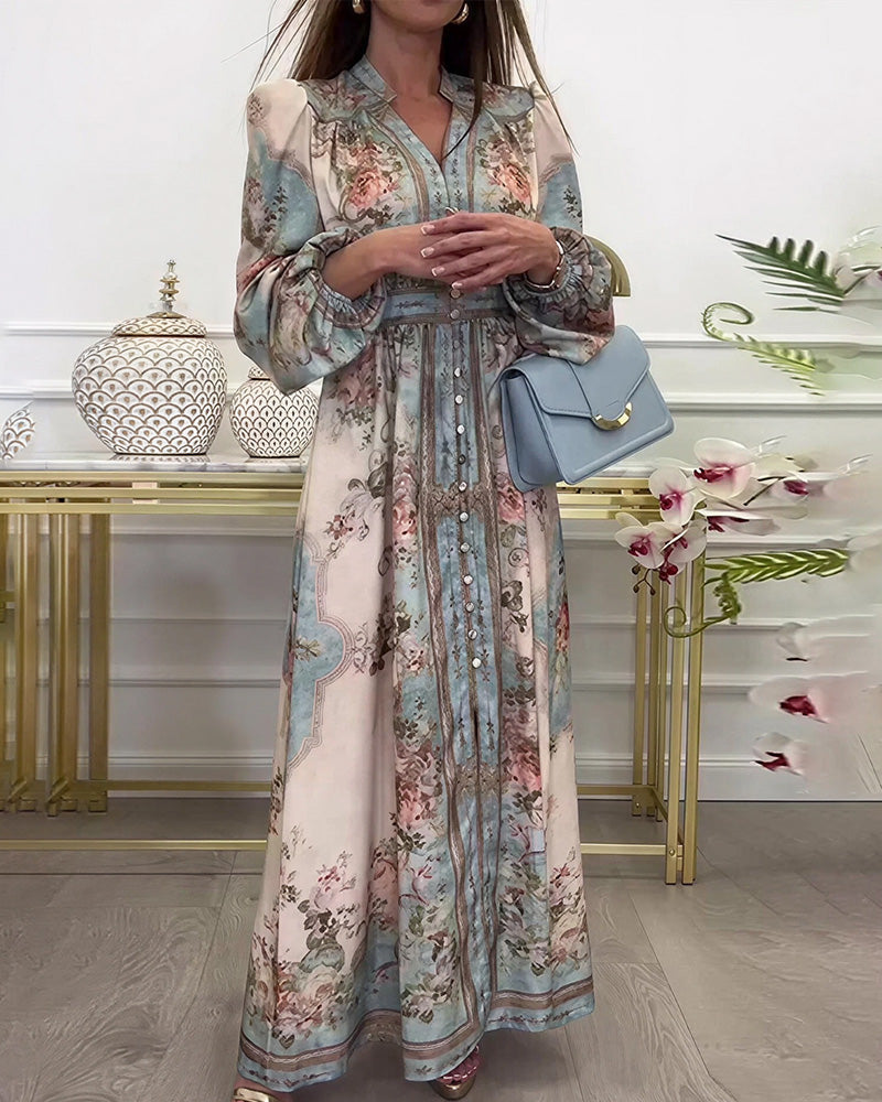 WILLLUXE® Baroque Floral Print V-Neck Long Sleeve Maxi Dress