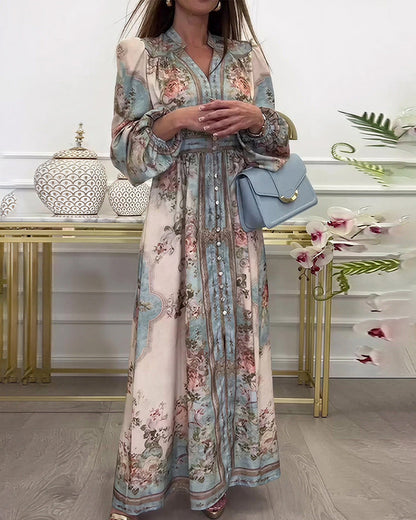 WILLLUXE® Baroque Floral Print V-Neck Long Sleeve Maxi Dress