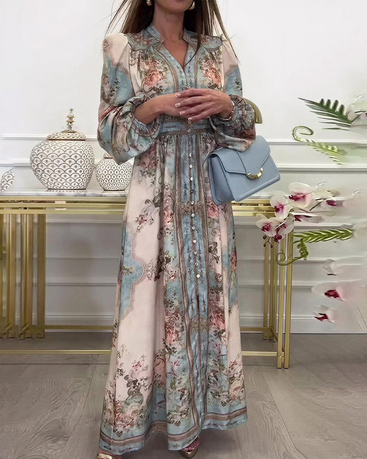 WILLLUXE® Baroque Floral Print V-Neck Long Sleeve Maxi Dress