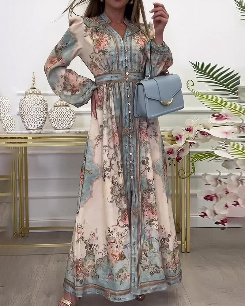 WILLLUXE® Baroque Floral Print V-Neck Long Sleeve Maxi Dress
