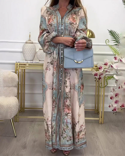WILLLUXE® Baroque Floral Print V-Neck Long Sleeve Maxi Dress