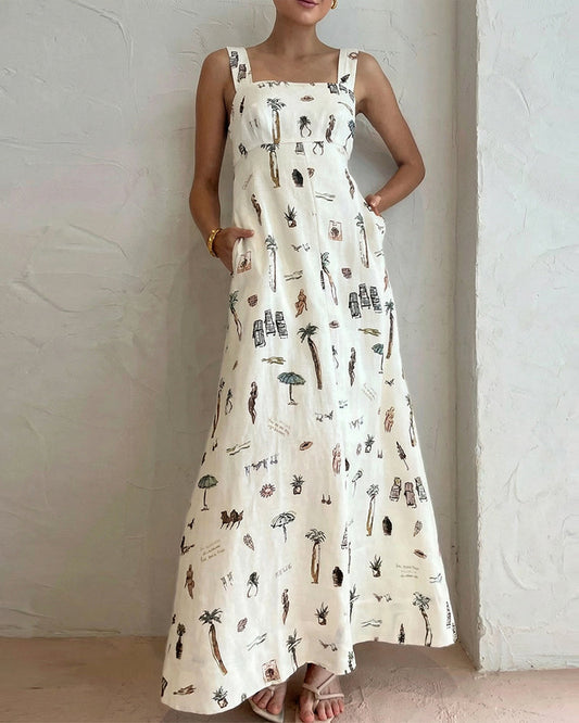 WILLLUXE® Botanical Print Tie-Strap Open Back Maxi Dress