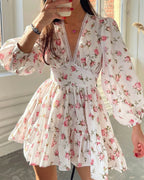 Willluxe® Deep V-Neck Lace Trim Floral Puff Sleeve Mini Dress
