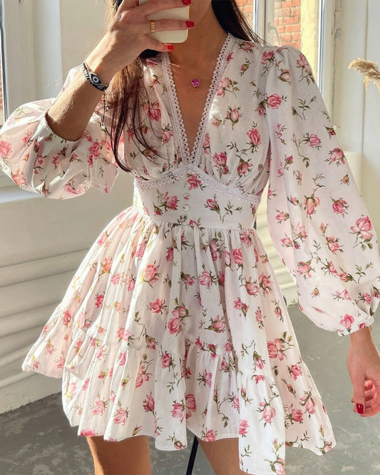 WILLLUXE® Deep V-Neck Lace Trim Floral Puff Sleeve Mini Dress