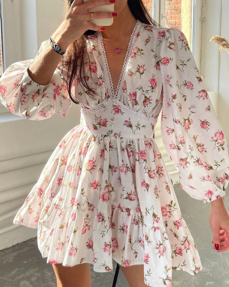 Willluxe® Deep V-Neck Lace Trim Floral Puff Sleeve Mini Dress